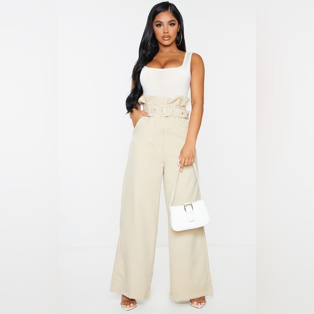 NWT Pretty Little Thing Petite Stone Extreme Satin Paper Bag Wide Leg Pants